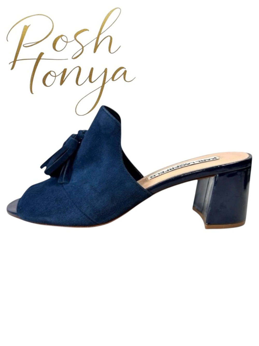 Karl Lagerfeld Hettie Navy Suede Tassel Mules Heels Sz 6.5 Office Parisian Chic